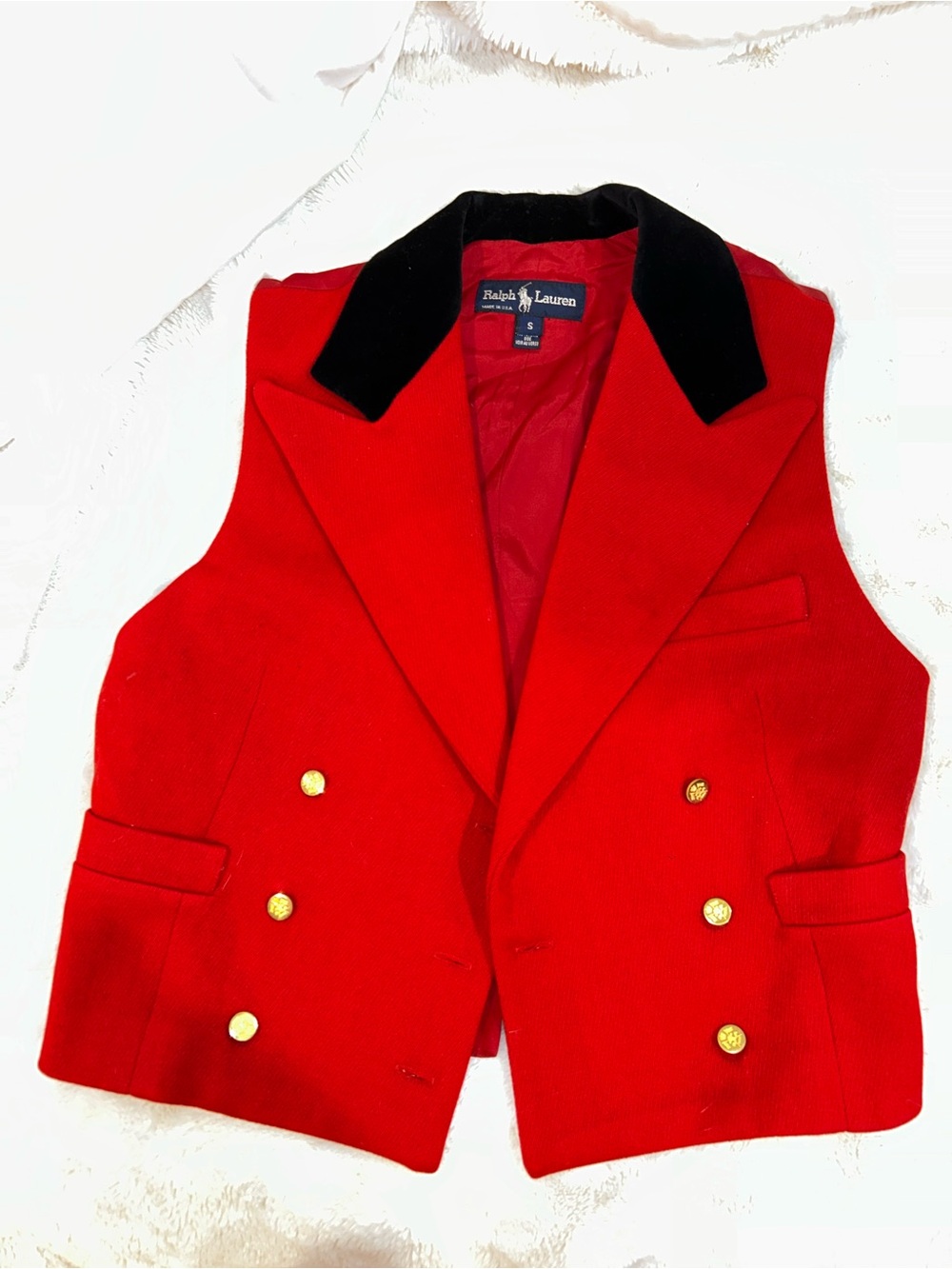 Vintage RalphLauren Red Wool Double Breasted VestVelvet Collar Gold Button S